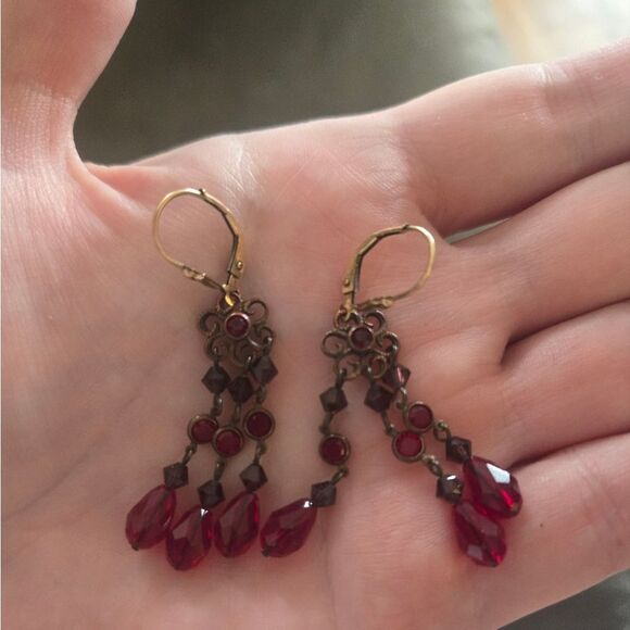 Vintage Gold Filled Red Dangle Earrings - Picture 1 of 9